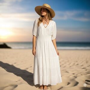 J. GEE Tiered Ruffled Smocked Waist Maxi Dress & Mother of Pearl Necklace Bundle